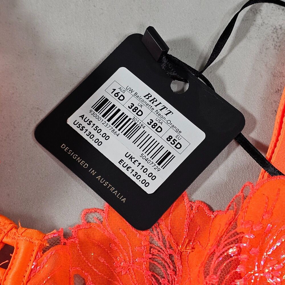 Honey Birdette Britt Neon Orange Sheer Underwire Floral Bra Size 38D - Picture 3 of 5